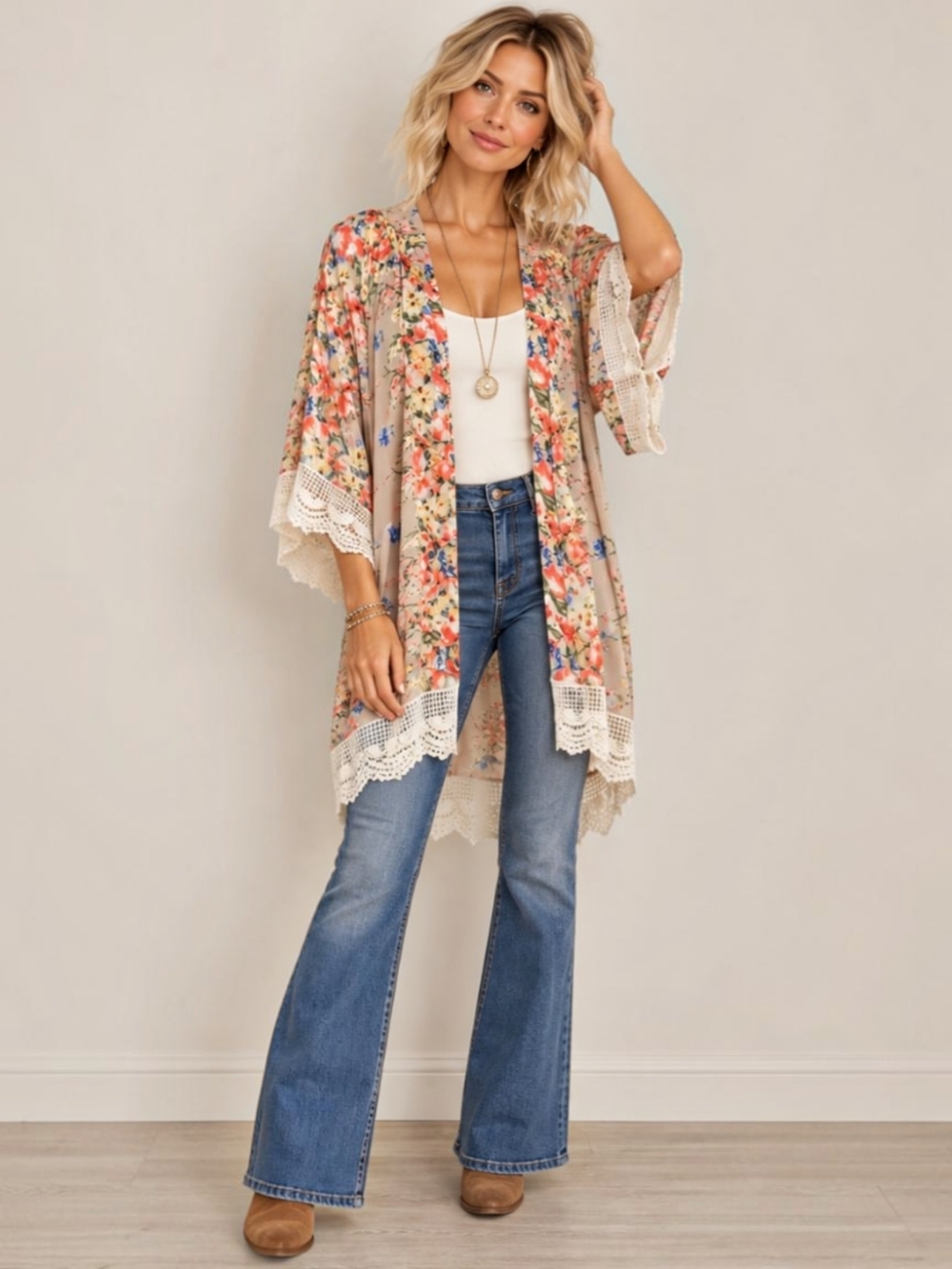 Umgee Floral Kimono Duster M/L Boho Crochet Lace Bell Sleeve Open Front